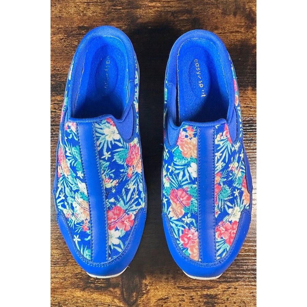 Easy Spirit Traveltime500 Mules 7.5W Blue Tropical Palm Print Comfort Walking